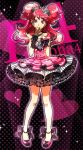  1girl bow brown_hair choumoku_(toriko_b_c) copyright_name crown dress earrings frilled_skirt frills gloves hair_ornament heart jewelry kujikawa_rise legs long_hair necklace persona persona_4 polka_dot polka_dot_background red_eyes see-through skirt smile solo twintails 