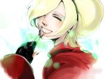  1boy androgynous ash_crimson black_nails blonde_hair closed_eyes face fingerless_gloves fingernails freckles ggagalaxy gloves grin hair_over_one_eye hairband king_of_fighters lips long_fingernails male smile solo 