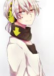  1boy arrow detached_collar headphones high_collar kagerou_project konoha_(kagerou_project) looking_at_viewer red_eyes ringomaru shirt short_ponytail silver_hair smile solo white_shirt 