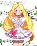  1girl blonde_hair blush choker cure_rhythm dress earrings eyelashes frilled_dress frills green_eyes hair_ornament hair_ribbon hairband happy haru_(nature_life) heart jewelry long_hair looking_at_viewer magical_girl minamino_kanade musical_note precure puffy_sleeves ribbon smile solo standing suite_precure white_dress wrist_cuffs 