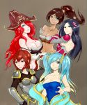  5girls aqua_hair armor black_hair blue_eyes bodypaint braid breast_hold breastplate breasts brown_hair cleavage cover cover_page dark_skin detached_sleeves doujin_cover dress eyelashes eyeshadow forehead_jewel fur_trim green_eyes hair_over_one_eye hairpods hat highres irelia jewelry large_breasts league_of_legends licking_lips long_hair makeup midriff miss_fortune multiple_girls navel necklace nidalee pirate_hat ponytail red_eyes redhead sarah_fortune scofa shyvana single_braid sona_buvelle spaulders strap_slip strapless_dress textless tooth_necklace twintails 