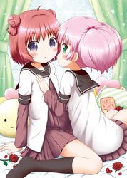  2girls :o akaza_akari aoba_(kona) blush double_bun flower green_eyes hair_bobbles hair_ornament hand_on_another&#039;s_chest looking_at_viewer multiple_girls pillow pink_hair redhead rose school_uniform short_hair socks twintails violet_eyes yoshikawa_chinatsu yuri yuru_yuri 