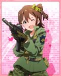  1girl ;d aiming brown_hair gloves gun hair_ornament hairclip idolmaster idolmaster_million_live! kasuga_mirai looking_at_viewer official_art one_eye_closed open_mouth rifle side_ponytail smile weapon 