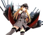  1girl anchor bare_shoulders bismarck_(kantai_collection) blonde_hair blue_eyes detached_sleeves hand_on_hip hat kantai_collection long_hair machinery military military_uniform nueco peaked_cap solo thigh-highs uniform white_background zettai_ryouiki 