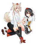  2girls animal_ears bare_shoulders black_hair breasts detached_sleeves geta hat inubashiri_momiji looking_at_viewer lunatic_rabbit multiple_girls open_mouth pointy_ears red_eyes shameimaru_aya short_hair silver_hair simple_background tail tokin_hat touhou v white_background wolf_ears wolf_tail 