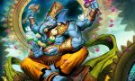  1boy axe blue_skin elephant ganesha genzoman green_eyes hinduism male muscle open_mouth original rope sitting solo weapon 
