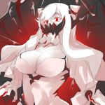  1girl breasts cleavage collarbone covered_mouth dress horns kantai_collection large_breasts long_hair long_sleeves looking_at_viewer manabebebe mask midway_hime pale_skin red_eyes shinkaisei-kan sketch solo veins very_long_hair white_dress white_hair white_skin 