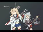  &gt;:&lt; 1girl 2girls :&lt; amatsukaze_(kantai_collection) bare_shoulders blonde_hair blue_skirt bottomless buttons chestnut_mouth choker electric_guitar fang garter_straps gloves grey_background grey_eyes guitar hair_ornament hairband highres ice_(icegray) instrument kantai_collection letterboxed long_hair long_sleeves miniskirt motion_blur motion_lines multiple_girls neckerchief open_mouth orange_eyes playing_instrument pleated_skirt rensouhou-chan rensouhou-kun sailor_collar shimakaze_(kantai_collection) silver_hair single_glove skirt sleeveless sleeveless_shirt solo strap striped striped_legwear sweatdrop thigh-highs thong twintails white_gloves zettai_ryouiki 