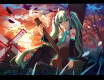  1girl ahoge baisi_shaonian detached_sleeves green_hair hatsune_miku letterboxed long_hair necktie sitting skirt solo sunset thigh-highs twintails very_long_hair vocaloid 