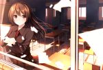  1girl blush brown_eyes brown_hair classroom envelope long_hair looking_at_viewer netarou original plaid plaid_skirt school_desk school_uniform skirt smile solo window 