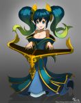  1girl aqua_hair bare_shoulders breasts cleavage gradient_hair green_eyes green_hair hair_ornament instrument large_breasts league_of_legends long_dress long_hair multicolored_hair neo-tk.. off-shoulder_dress playing_instrument reflective_floor solo sona_buvelle twintails 