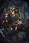  1girl alternate_costume asymmetrical_clothes bandages belt blood bloody_clothes breasts corset folded_ponytail gauntlets huge_weapon league_of_legends leg_warmers lips monster neo-tk.. nose pauldrons riven_(league_of_legends) sandals sarashi short_hair silver_hair solo spikes sword weapon 