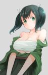  1girl bare_shoulders black_hair breasts comah green_eyes grey_background japanese_clothes kantai_collection large_breasts sarashi short_hair simple_background solo souryuu_(kantai_collection) twintails 