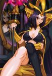  1girl black_hair black_legwear breasts choker cleavage crossed_legs emilia_leblanc eyeshadow forehead_jewel high_collar large_breasts league_of_legends makeup mirror neo-tk.. popped_collar red_eyes short_hair single_thighhigh sitting smile solo staff thigh-highs tiara vambraces 