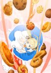 1girl alice_(wonderland) blonde_hair blue_eyes cookie food from_above highres kurono_kuro long_hair looking_up original solo 