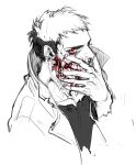  1boy black_hair blood coat kenny_(poe90) looking_at_viewer onepunch_man red_eyes serious short_hair simple_background sketch solo white_background zombieman 