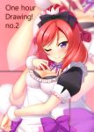  1girl apron blush bow bust fur hair_bow highres looking_at_viewer love_live!_school_idol_project maid nishikino_maki one_eye_closed redhead short_hair short_ponytail small_breasts smile solo violet_eyes yu-ta zoom_layer 