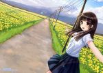  1girl artist_name black_hair blush clouds dutch_angle field flower hair_ornament hairclip kazuharu_kina long_hair looking_at_viewer mountain open_mouth original outstretched_arms pleated_skirt pointing road scenery school_uniform skirt sky smile solo spread_arms watermark web_address 