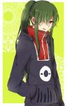  1girl green_hair hair_over_one_eye hand_in_pocket high_collar highres hoodie kagerou_project kido_tsubomi long_hair long_ponytail long_sleeves open_mouth ponytail red_eyes ringomaru solo yellow_background zipper 