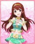  1girl :d armlet artist_request bracelet brown_eyes brown_hair fingerless_gloves gloves hairband heart idolmaster idolmaster_million_live! jewelry long_hair looking_at_viewer official_art open_mouth pink_background single_glove skirt smile solo tanaka_kotoha 