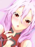  1girl bare_shoulders blush breasts center_opening cleavage detached_sleeves fingerless_gloves gloves guilty_crown hair_ornament hairclip long_hair looking_at_viewer open_mouth pink_hair red_eyes solo swift twintails yuzuriha_inori 