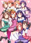  6+girls aqua_eyes ayase_eli bare_shoulders black_hair blue_eyes blush bow brown_eyes brown_hair choker gloves hair_bow hair_ornament highres hoshizora_rin koizumi_hanayo kousaka_honoka long_hair looking_at_viewer love_live!_school_idol_project minami_kotori multiple_girls nishikino_maki one_eye_closed orange_hair pink_background purple_hair red_eyes redhead short_hair smile sonoda_umi thigh-highs toujou_nozomi twintails violet_eyes white_gloves white_legwear yazawa_nico yellow_eyes yuuyu 