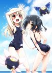  2girls :d adjusting_clothes adjusting_swimsuit arm_up armpits ass black_hair blonde_hair blush collarbone covered_navel fate/kaleid_liner_prisma_illya fate_(series) hair_ornament hairclip half_updo highres horiguchi_hiroshi illyasviel_von_einzbern long_hair looking_at_viewer looking_back magical_ruby magical_sapphire miyu_edelfelt multiple_girls open_mouth outdoors ponytail red_eyes school_swimsuit short_hair short_ponytail smile sparkle swimsuit yellow_eyes 