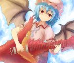  1girl bat_wings blue_hair fang guitar hat instrument mitsuki_yuuya open_mouth red_eyes remilia_scarlet smile solo touhou wings 