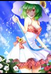  1girl alternate_costume bare_arms bare_shoulders blue_sky breasts cleavage clouds collarbone dress flower green_hair hat hat_flower highres kazami_yuuka letterboxed multicolored_dress one_eye_closed open_mouth red_eyes shironeko_yuuki shochuumimai sky sleeveless sleeveless_dress smile solo sundress sunflower touhou water water_hose watering 