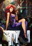  1girl alternate_costume alternate_hairstyle bare_shoulders breasts china_dress chinese_clothes cleavage crossed_legs gun handgun high_heels large_breasts league_of_legends lipstick long_hair makeup miss_fortune money neo-tk.. nose on_table redhead sarah_fortune side_slit sitting solo wavy_hair weapon 