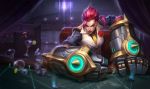  1girl alternate_costume artist_request blue_eyes breasts casino facial_tattoo flower formal fringe league_of_legends lips long_hair looking_at_viewer martini_glass mechanical_arms necktie nose official_art redhead rose sleeves_rolled_up solo suit tattoo vi_(league_of_legends) wallpaper 