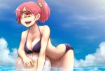  1girl artist_name ball beachball bikini breasts cyclops hair_bobbles hair_ornament looking_at_viewer mametama5 monster_girl ocean one-eyed open_mouth original ponytail redhead smile solo swimsuit yellow_eyes 