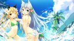  2girls :d ;d animal_ears ass beach bikini blonde_hair blue_eyes blush cat_ears cat_tail fang flower hair_flower hair_ornament highres long_hair looking_at_viewer looking_back multiple_girls navel one_eye_closed open_mouth original palm_tree red_eyes saeki_touma side-tie_bikini silver_hair smile striped striped_bikini striped_swimsuit swimsuit tail tree twintails water 