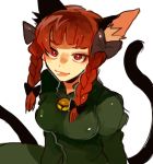  1girl animal_ears bell braid cat_ears cat_tail damenaito dress green_dress hair_ribbon kaenbyou_rin red_eyes redhead ribbon smile solo tail touhou twin_braids 