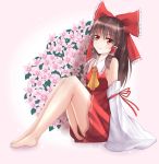  1girl ascot bare_legs bare_shoulders barefoot bow brown_hair detached_sleeves dress flower hair_bow hair_tubes hakurei_reimu highres long_sleeves red_dress red_eyes sitting sleeves_past_wrists smile solo touhou wendell wide_sleeves 