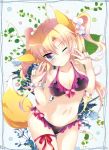  1girl animal_ears bikini blonde_hair blue_eyes double_v fox_ears ichiyou_moka long_hair one_eye_closed original ribbon solo swimsuit tail thigh_ribbon twintails v 