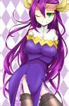  1girl breasts covered_navel elbow_gloves genderswap gloves green_eyes large_breasts loki_(p&amp;d) long_hair looking_at_viewer one_eye_closed purple_hair puzzle_&amp;_dragons rei_(reins) solo very_long_hair 