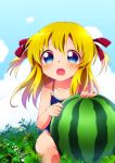  1girl :o blonde_hair blue_eyes competition_school_swimsuit food fruit grass hair_ornament mikotox one-piece_swimsuit open_mouth ribbon solo swimsuit toshinou_kyouko two_side_up watermelon younger yuru_yuri 
