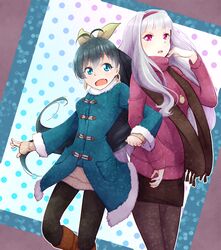  black_hair blue_eyes coat earrings ganaha_hibiki grey_hair hairband idolmaster jewelry long_hair pantyhose pendant ponytail scarf shijou_takane smile sweater violet_eyes yuzu_koshou 