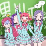  4girls ? alternate_costume blue_shirt blue_skirt blush bowtie closed_eyes cosplay crossover fresh_precure! glasses hair_ornament hair_ribbon hanasaki_tsubomi happy heart heart_in_mouth heartcatch_precure! higashi_setsuna highres hoshizora_miyuki isedaichi_ken kurokawa_eren long_hair looking_at_viewer multiple_girls open_mouth pink_hair ponytail precure purple_hair ribbon seiren_(suite_precure) shirt short_hair side_ponytail sketch skirt smile smile_precure! speech_bubble suite_precure tagme trait_connection translation_request twintails violet_eyes 