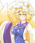  1girl blonde_hair breasts flat_gaze hair_between_eyes hat highres impossible_clothes long_coat looking_at_viewer multiple_tails nobu_baka pillow_hat short_hair sideboob sleeves_past_wrists smile solo tabard tail tareme touhou white_clothes wide_sleeves yakumo_ran yellow_eyes 