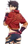  1boy ass black_hair bloody_stream green_eyes heart highres jacket jojo_no_kimyou_na_bouken joseph_joestar_(young) looking_at_viewer looking_back midriff red_jacket rokuharu solo spider_web_print torn_clothes torn_pants 