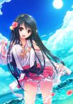  1girl bare_shoulders black_hair blush brown_eyes detached_sleeves feet_in_water flower hair_flower hair_ornament hairband haruna_(kantai_collection) hibiscus ichikawa_noa japanese_clothes kantai_collection long_hair nontraditional_miko open_mouth petals skirt smile soaking_feet solo thigh-highs water 