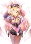 1girl ahri alternate_costume alternate_eye_color alternate_hair_color animal_ears blonde_hair breasts cleavage fox_ears fox_girl fox_tail hair_between_eyes highres jacket jewelry large_breasts league_of_legends leaning_forward long_hair multiple_tails necklace one_eye_closed pantyhose pencil_skirt pink_clothes salute skirt slit_pupils smile solo tail vococo 