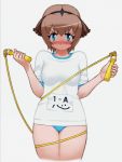  accident blue_eyes blush brown_hair buruma cropped_legs entangled gym_uniform headdress highres holding jump_rope kokoro_belmont nose_blush official_art otomedius otomedius_excellent short_hair short_sleeves simple_background yoshizaki_mine 