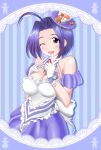  1girl absurdres ahoge cup eva_16-gouki food food_themed_clothes fruit gingerbread_man gloves hair_ornament highres idolmaster lace_border looking_at_viewer miura_azusa one_eye_closed open_mouth purple_hair ribbon short_hair solo strawberry teacup violet_eyes 