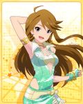 1girl armlet artist_request blue_eyes bracelet brown_hair choker earrings fingerless_gloves gloves hand_on_head idolmaster idolmaster_million_live! jewelry long_hair looking_at_viewer official_art smile solo tokoro_megumi yellow_background 