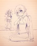  2girls ^_^ akaza_akane ballpoint_pen_(medium) beach bikini camcorder camera closed_eyes kneeling monochrome multiple_girls namori ocean sand smile swimsuit t-shirt traditional_media video_camera waves yoshikawa_tomoko yuru_yuri 