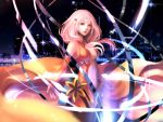  1girl absurdres bare_shoulders black_legwear breasts center_opening cleavage detached_sleeves elbow_gloves fingerless_gloves gloves guilty_crown hair_ornament hairclip highres long_hair looking_at_viewer navel open_mouth pink_hair red_eyes solo thigh-highs twintails yuzuriha_inori 