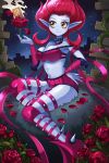  1girl blue_skin bracer breasts card choker cleavage collar evelynn facial_mark flower forehead_mark garter_straps hand_on_hip harness knee_pads large_breasts league_of_legends miniskirt navel neo-tk.. pointy_ears ribbon_choker rose short_hair sitting skirt smile solo spiked_collar spikes strap_slip yellow_eyes 